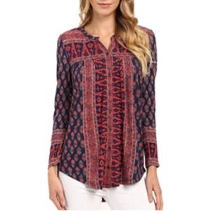 Lucky Brand Red and Navy Blue Wood Cut Button-Down Blouse, Women’s Size Small